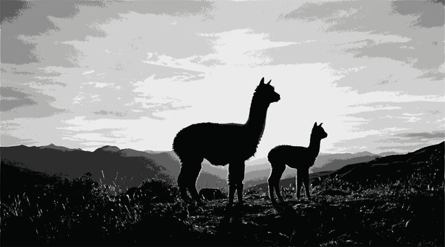 Silhouette of two alpaca llamas. Alpaca Llama family.
