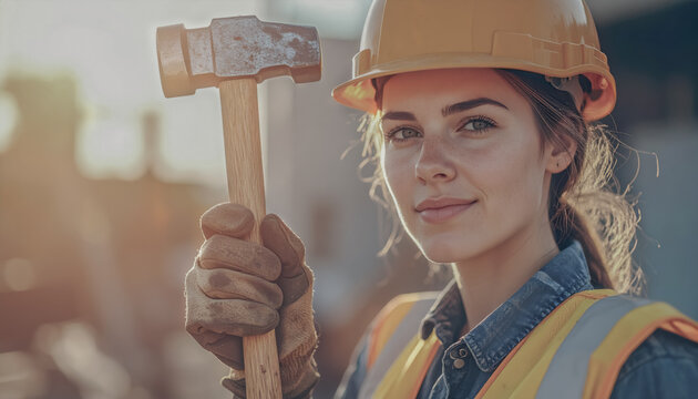 Female Construction Worker Holding Hammer at Building Site Wearing Safety Helmet and Work Gloves