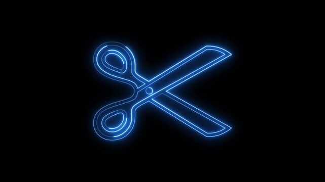 Neon blue cutting scissors with glowing light effect animation background loop.