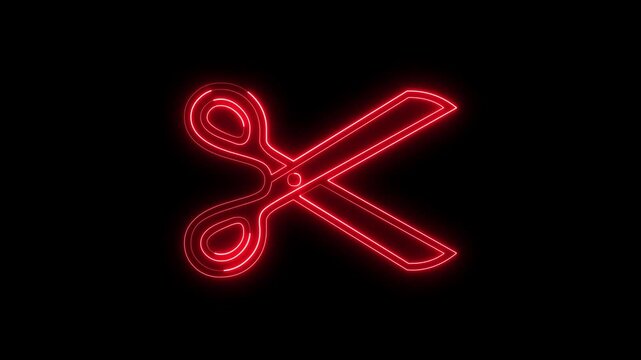 Red neon scissors icon motion graphics on black background.