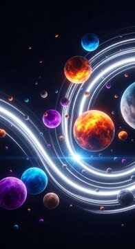 A cinematic abstract background representing gravitational pull through floating spheres, cosmic waves, and distorted light in deep space, light, pull, mass