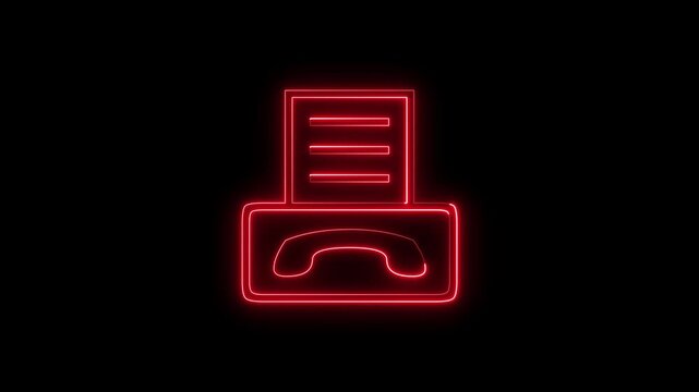 Fax machine icon glowing red neon on black background motion.