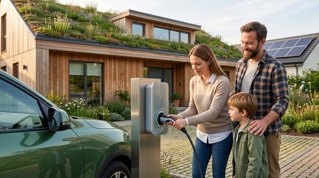 Caucasian Family charging Electric Car at Eco Friendly Home, Sustainable Energy Transport Lifestyle, Modern Green Architecture with EV Charger, Future Living