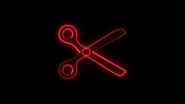 Red glowing neon scissors icon appearing on black background footage.