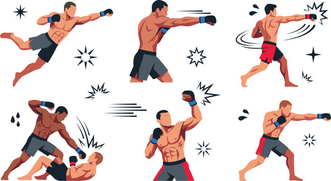 Mixed Martial Arts Fighter Collection Set with MMA Combat Sports Punching Techniques and Professional Athlete Vector Illustration