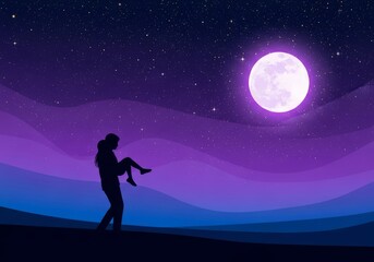 Fototapeta premium A dreamy flat illustration of a silhouette carrying a smaller figure under a vast starry sky with a bright moon and soft purple gradients, simple, protection, dreamlike