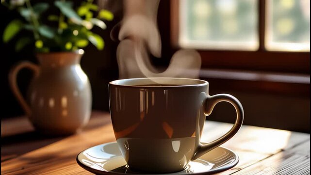 Steaming Hot Coffee Cup on Wooden Table, Cozy Morning Atmosphere with Sunlight