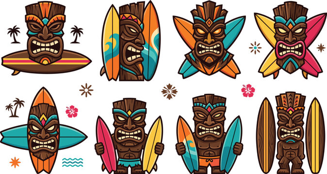 Tiki Surfing Mascot Collection Set with Tribal Polynesian Masks Surfboards Tropical Island Culture and Cartoon Vector Illustration