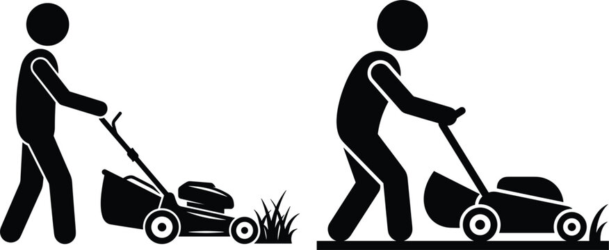 Lawn Mower Stick Figure Icon Set Featuring Standing and Leaning Operators Cutting Grass Tufts for Gardening Service Apps, Maintenance Signs, and Infographic Vector Designs