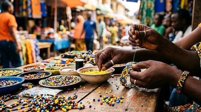 African artisan handcrafting a vibrant beaded bracelet with a needle at a colorful outdoor market stall. Close-up of skilled craftsman making traditional jewelry and glass beadwork art.