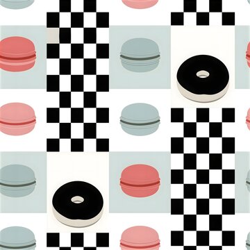 Seamless pattern with macarons and donuts on checkered background seamless checkerboard background confectionery delicious colorful illustration wallpaper geometric culinary doughnut