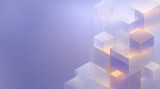 Abstract transparent glass cubes with warm gold inner glow on purple background, modern geometric 3d block structure concept