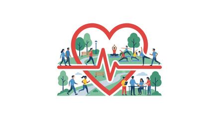 Obraz premium Healthy Lifestyle Concept with Heart Pulse and Active People