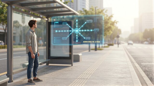 A man waits at a futuristic bus stop with holographic transit info.