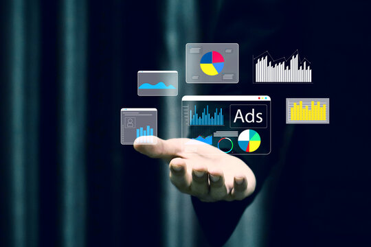 Digital marketing and AI advertising concept showing data driven ads, performance analytics, campaign optimization, smart marketing technology for business growth and online advertising strategy.