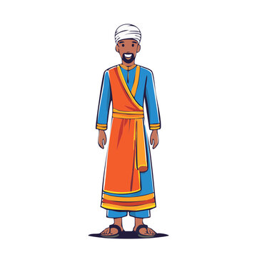 Man in traditional orange and blue robe with turban