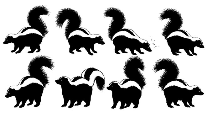 Several skunks are walking and standing in different positions on a plain surface.