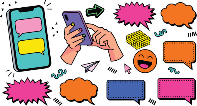Mobile communication and colorful speech bubble sticker set. Hands holding smartphone, blank chat boxes, comic expression shapes, paper plane, and social media elements.