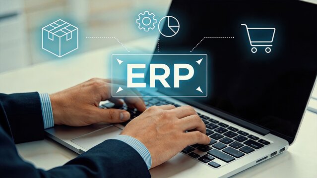 ERP enterprise resource planning software concept with hands typing on laptop keyboard, holographic icons for logistics, analytics, shopping cart and settings