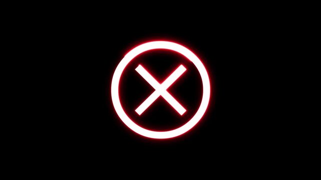 Red glowing neon cross icon flickering in circle on black background.