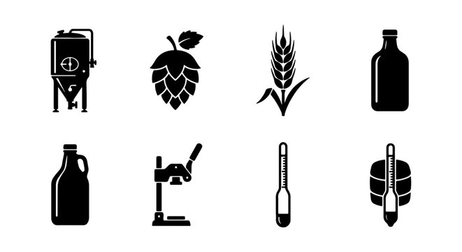 Brewing Icons Set: Fermentation Tank, Hop, Wheat, Bottles, Growler, Capper, Hydrometer, Keg
