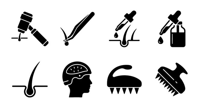 Hair Care Icons Set: Scalp Massage, Dropper, Tweezers, Growth Stimulator, Vector Graphics