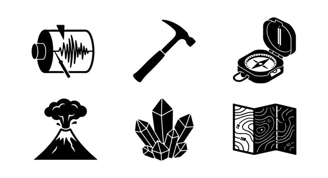 Geology Icons Set: Seismograph, Hammer, Compass, Volcano, Crystals, Map