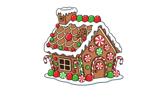 Festive Gingerbread House Illustration with Candy Decorations and Snowy Icing. A Whimsical Cartoon Sweet Home for Christmas and Holiday Celebrations.