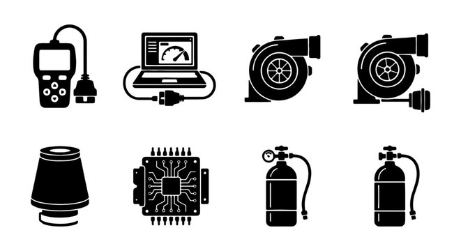 Automotive Performance Icons: Turbochargers, ECU Chip, Air Filter, Diagnostic Tool, Nitrous Oxide