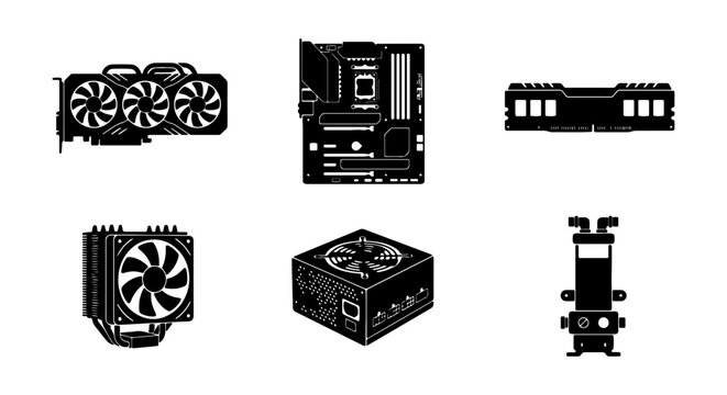 Computer Hardware Icons: Graphics Card, Motherboard, RAM, CPU Cooler, PSU, Water Cooling