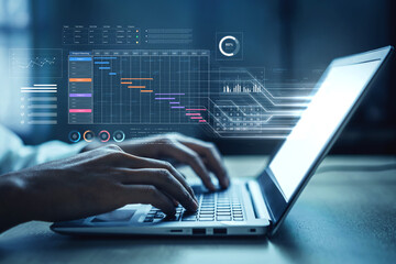 Obraz premium A project management dashboard for business. The interface features a Gantt chart to visualize the project timeline, task scheduling, and overall progress for efficient workflow. Fermion