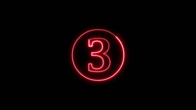 Red neon number three glowing with luminous circle motion on black background.
