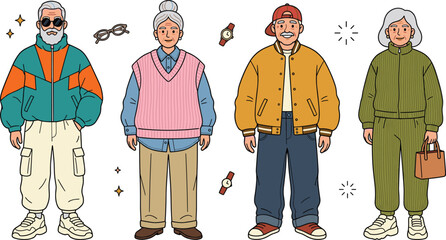 Trendy senior elderly character character set. Stylish old people fashion with windbreaker jacket, knitted sweater vest, bomber varsity jacket, tracksuit, sneakers and accessories. © MdRobiul