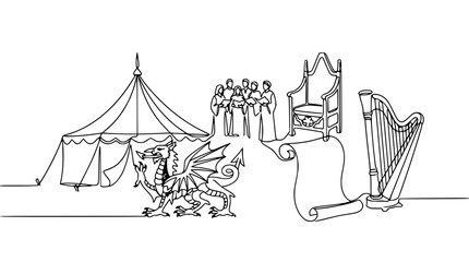 Fototapeta premium Medieval Fantasy Scene: Dragon, Royal Court, Harp, and Tent Line Art