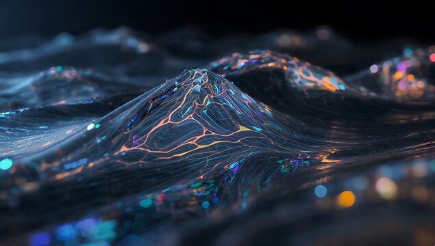 Abstract 3D illustration of a wavy, iridescent liquid landscape resembling dark oil or metallic magma. Glowing neon data veins and sparkling reflections for nanotechnology and cyber concepts.