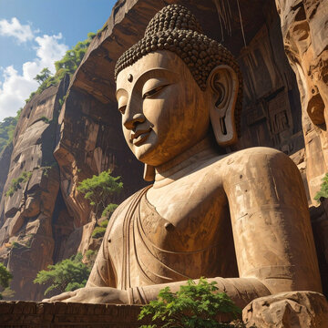 Giant buddha statue carved into rock face