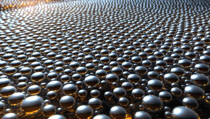 Obraz premium Abstract 3D illustration of a dense field of reflective chrome metallic spheres and droplets. Glossy silver balls with warm gold under-lighting reflections for physics simulation and high-tech design.