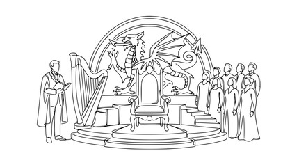 Obraz premium Mythical Dragon Throne Ceremony with Harpist and Audience