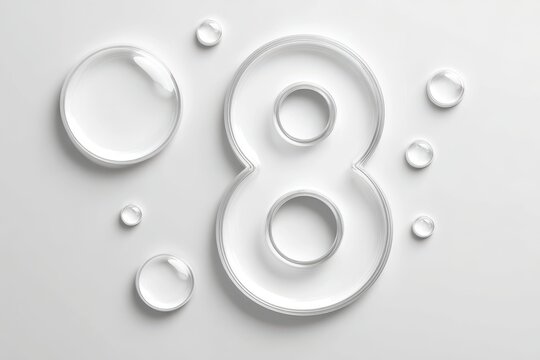 Number eight concept formed by transparent water droplets on clean surface with droplets transparent minimalist reflection abstract typography background isolated mathematics backdrop