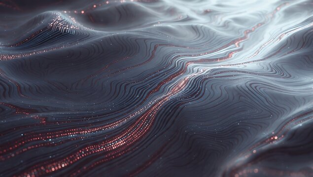 Abstract 3D illustration of a wavy, textured dark landscape with flowing topography lines. Glowing bronze particles and micro ridges for geology, data physicalization, and tech concepts.