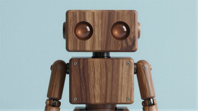 Wooden robot with warm eyes, minimalist design against soft blue background.