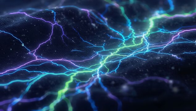 Abstract 3D render of glowing colorful lightning bolts and neural network pathways. Cyber technology data connection network, deep brain synapse energy stream, or sci-fi power backdrop.
