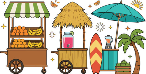 Tropical summer beach stall set. Wooden fruit cart with oranges and bananas, tiki juice bar with lemonade jar, blender under umbrella, palm tree and surfboard. © MdRobiul