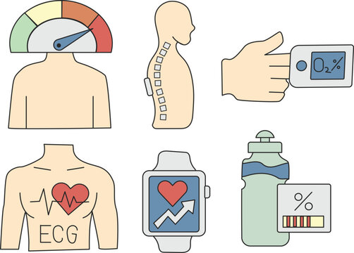 Smart Healthcare Monitoring Flat Vector Icon Set featuring health score dashboard, posture assessment, pulse oximeter measurement, ECG heart monitoring, smartwatch fitness tracking, and glucose testin