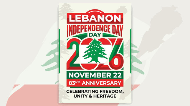 Lebanon Independence Day 83rd Anniversary Celebration featuring patriotic cedar tree design for national freedom, unity, and heritage commemoration