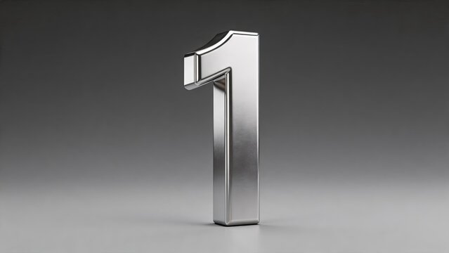 Metallic number one isolated on grey background, 3d render illustration, silver chrome finish, first place symbol, ranking concept, typography design element, minimalistic style
