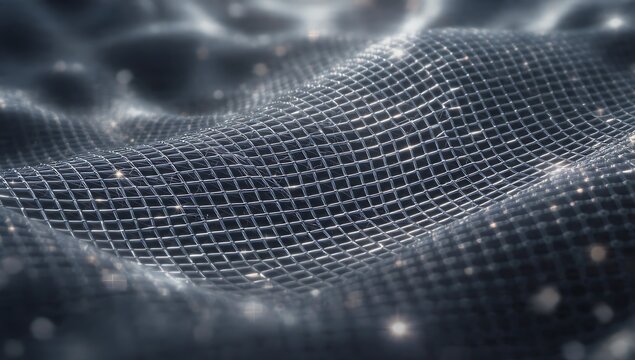 Abstract 3D render of a waving silver wire mesh grid with glowing bokeh particles. Futuristic dark cyber tech data visualization landscape, AI neural network background, or sci-fi terrain.