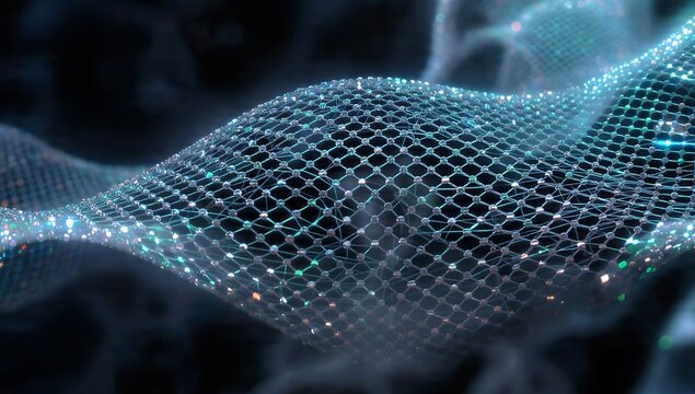Abstract 3D render of a twisting wireframe mesh grid with glowing data nodes. Futuristic cyan cyber tech particle wave structure, AI neural network background, or sci-fi science concept.