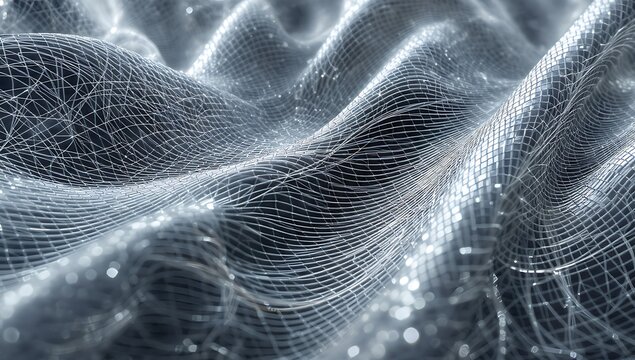Abstract 3D render of a waving silver fiber mesh fabric with glowing particles. Futuristic nanotechnology smart material texture, metallic cyber textile backdrop, or sci-fi internet wave.