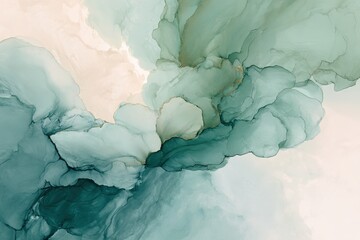 Naklejka premium Abstract Watercolor Washes in Soft Pastel Blues and Greens Creating an Ethereal Flowing Design